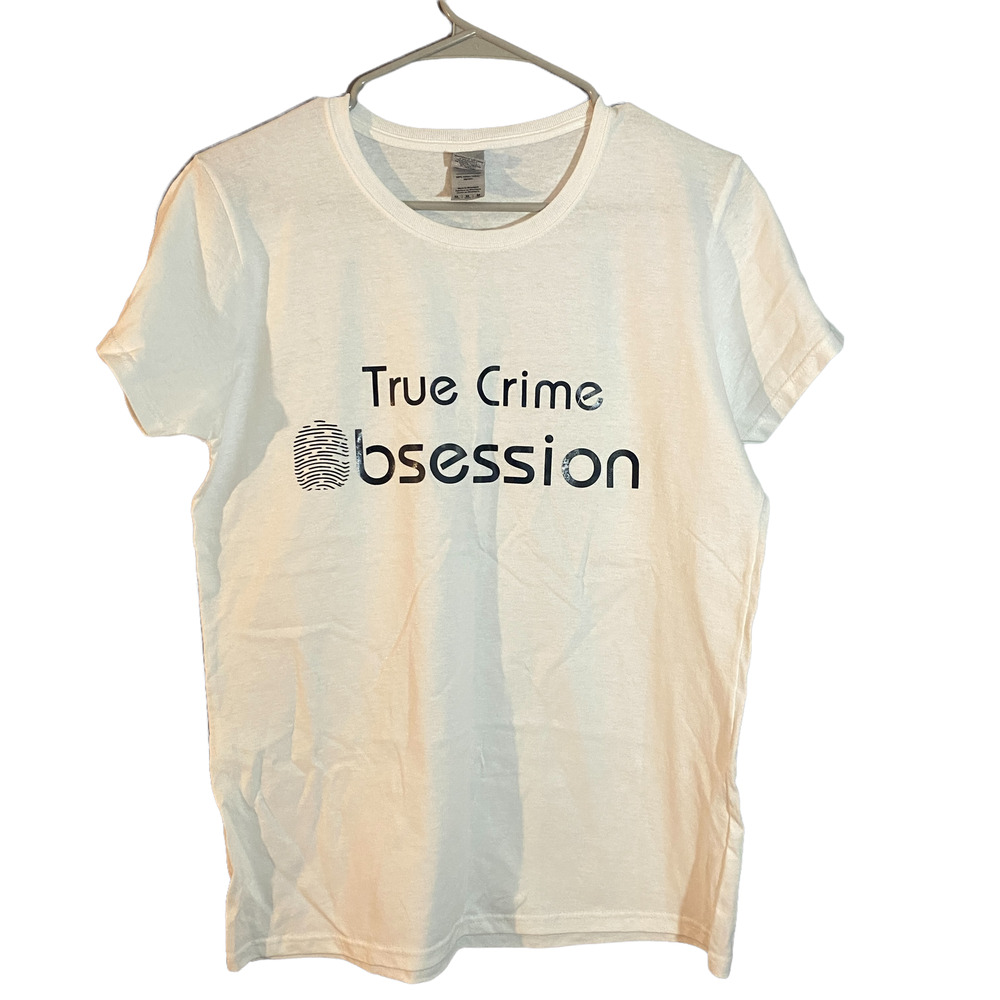 Gildan Women’s White True Crime Graphic T-Shirt Fingerprint Logo Cotton Medium